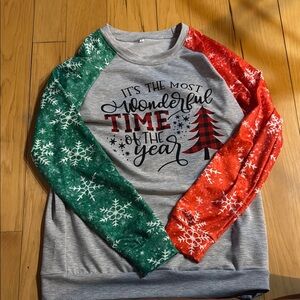 Festive Gray Sweatshirt with Red and Green Sleeves